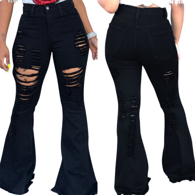 Women Solid Ripped Fringe Bell Bottom Pant