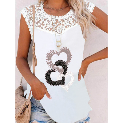 Women Summer Floral Print Round Neck Lace Casual Loose Top