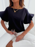 Women Summer Loose Bell Bottom Sleeve Round Neck Solid T-Shirt