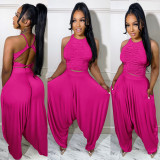 Women summer sexy pleated sleeveless top + wide leg pants two-piece set