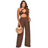 Women Summer Slash Shoulder Sleeveless Top + Solid Color Wide Leg Pants Two-Piece Set