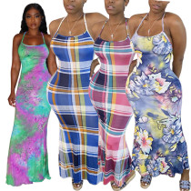 women Fashion Print Strap Bodycon Long Dress