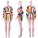 Women Sexy Striped Bubble Long Sleeve Top + Shorts Two-piece Set