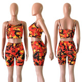 Women camouflage print crop top + shorts two-piece set