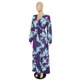 Women'S Beach Chiffon Dress Fashion Long Sleeve Printed Wrap Maxi Dress