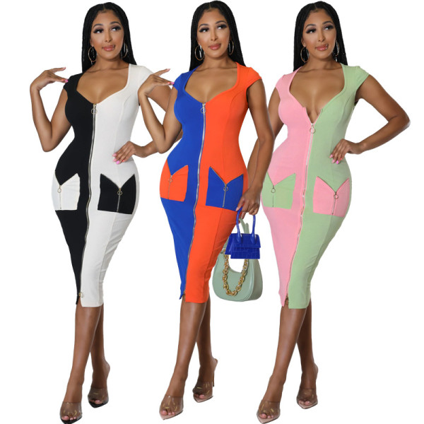 Women'S Maxi Pocket Colorblock U Neck Short Sleeve Tight Fitting Knitting Dress