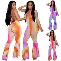 Women'S Sexy Tie Dye Halter Neck Low Back Ruffle Jumpsuit