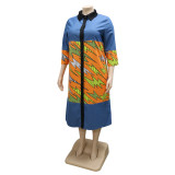 Women Denim Patchwork Digital Print Turndown Collar Plus Size Casual Shirt Dress