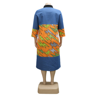 Women Denim Patchwork Digital Print Turndown Collar Plus Size Casual Shirt Dress