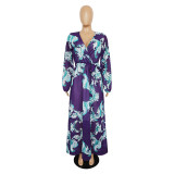 Women'S Beach Chiffon Dress Fashion Long Sleeve Printed Wrap Maxi Dress