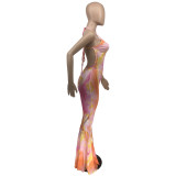 Women'S Sexy Tie Dye Halter Neck Low Back Ruffle Jumpsuit