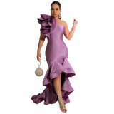 Women'S Fashion Sleeveless One Shoulder Sexy Irregular High-Low Ruffled Mermaid Evening Dress