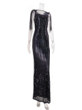 Fashion Sleeveless Sequin Long Dress Sexy Stretch Fringe Evening Dress