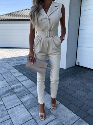 Summer Women'S Solid Color Turndown Collar Sleeveless Professional Jumpsuit