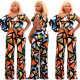 Women's Fashion Irregular Slash Shoulder Print Jumpsuit (with Belts)