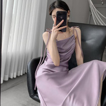 Strap Dress Purple Women's Summer French Vintage Chic Slim Fit Pocket Collar Under Knee Midi Dress