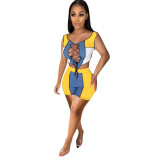 Tanning Women's Lace-Up Rib Patchwork Sexy Casual Shorts Set