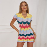Summer Women's Fashion Polo Neck Wavy Short Sleeve Slim Bodycon Knitting Dress