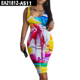 Painting Pattern Women's Loose Digital Print Sleeveless Round Neck Slim Dress