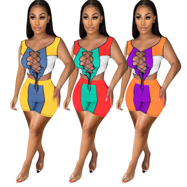 Tanning Women's Lace-Up Rib Patchwork Sexy Casual Shorts Set