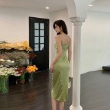 Sexy Chic Satin Strap Dress Women's Summer Slim Waist Pleated Design Premium Bodycon Long Dress
