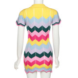 Summer Women's Fashion Polo Neck Wavy Short Sleeve Slim Bodycon Knitting Dress