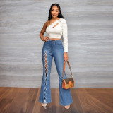 Women Denim Ripped Lace-Up hollow out Stretch Slim Jeans