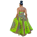 Plus Size Women Summer New Ethnic Style Print Crop Top + Big Swing Skirt Two-piece Set