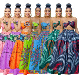 Plus Size Women Summer New Ethnic Style Print Crop Top + Big Swing Skirt Two-piece Set
