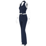 Women Spring Sleeveless Turndown Collar Zip Halter Neck Backless Tank Top High Waist Pant
