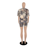Women Summer Trend Solid Camouflage Print Top and Shorts Two Piece