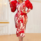 Women Fashion Red Puff Sleeve Jacquard Evening Dress