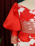 Women Fashion Red Puff Sleeve Jacquard Evening Dress