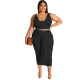 Plus Size Women Summer Plain Fashion Deep V Neck Top+dress Two Piece Set