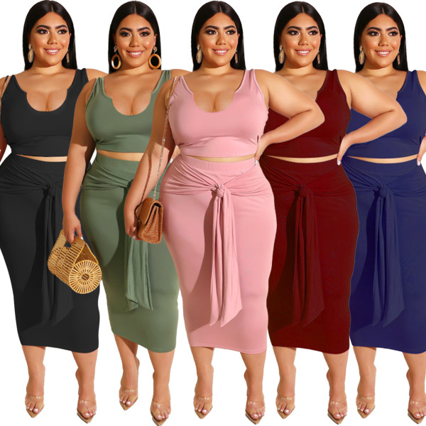 Plus Size Women Summer Plain Fashion Deep V Neck Top+dress Two Piece Set