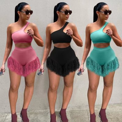 Women Solid Color Sexy Feather Irregular Top + Shorts Two-piece Set