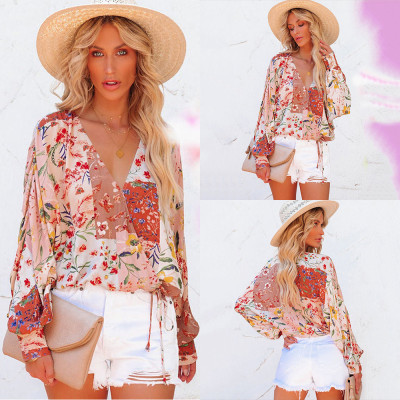 Women Spring Summer Floral v-neck Long Sleeve Oversized Casual Shirt