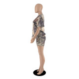 Women Summer Trend Solid Camouflage Print Top and Shorts Two Piece