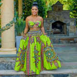 Plus Size Women Summer New Ethnic Style Print Crop Top + Big Swing Skirt Two-piece Set