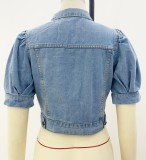 Fashion Button Up Short Sleeve Half Puff Sleeve Women Denim Jacket