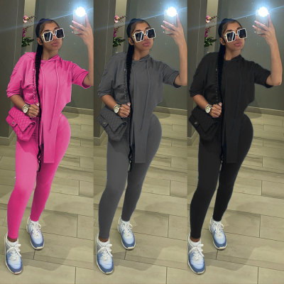 Fashion Solid Color Half Sleeve Irregular Hooded Tracksuit Two Piece Set