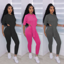 Fashion Solid Color Half Sleeve Irregular Hooded Tracksuit Two Piece Set