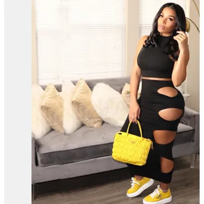 Women clothes Sexy Solid Color Ripped Bodycon Sleeveless Two Piece Skirt Set