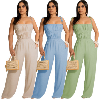Women clothes with Tied Strap wide leg solid color jumpsuit