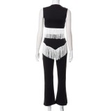 Women clothes Summer Solid Color Casual Fringe Tied Knot Top Pants two Piece Set