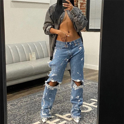 Summer Women clothes Fashion Cutout Ripped Painted High Waist Straight Slim Fit Casual Denim Pants