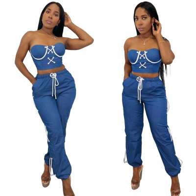 Women clothes Fashion Strapless Lace-Up Casual Two Piece Pants Set