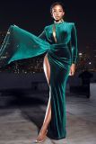 Autumn Winter Women clothes Velvet High Neck Sexy Hollow Out Slit Evening Dress