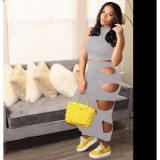 Women clothes Sexy Solid Color Ripped Bodycon Sleeveless Two Piece Skirt Set