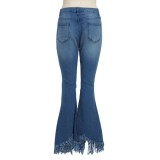 Trendy Versatile Slim Fit Wide Leg Washed Ripped Denim Bell Bottom Pants